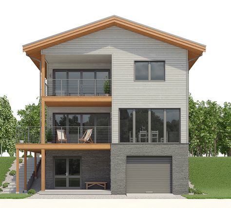 Inverted House Plans, Narrow Hillside House Plans, Garage Below House Plan, Cottage With Garage Underneath, House With Garage Underneath, Small House With Garage Underneath, House Plans With Garage Underneath, River Homes, Sloping Lot House Plan