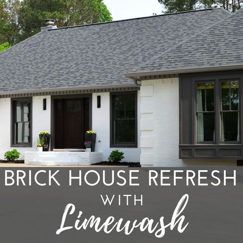 Romabio Limewash Colors Exterior, Lime Washed Brick Exterior Ranch, Line Wash Brick Exterior, Limewash Brick Exterior Ranch, How To Limewash Brick Exterior, Limewash Brick Ranch, Romabio Limewash Before And After, Limewash Brick Exterior With Siding, White Wash Brick House