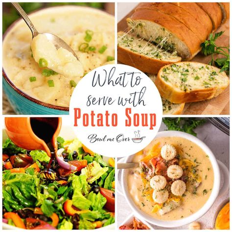 Hungry for a great bowl of potato soup, but you're not sure what to serve with it? Here are 45+ Ideas for What to Serve with Potato Soup! Things To Serve With Soup, Potato Soup Sides, What To Serve With Potato Soup, Sides With Soup, Potato Soup Bar, Soup Recipes With Potatoes, What To Serve With Soup, Crunchy Salad Recipes, Southwest Salad Recipe