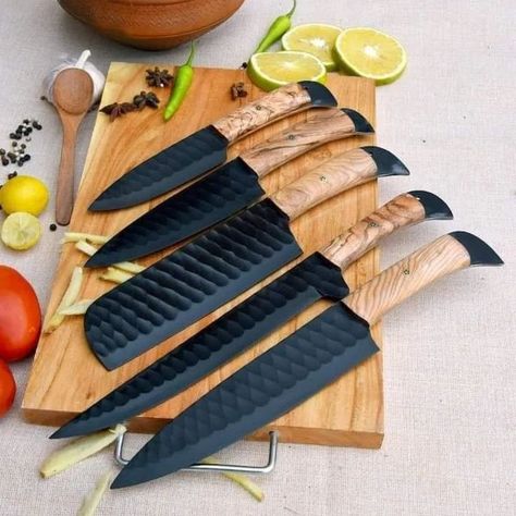 . "5 pcs Chef Knife Set Damascus steel Jet Black hammered kitchen knife set" Master your kitchen with our Damascus Steel Chef's Knife Set. This 5-piece collection features "razor-sharp blades" We bring you this beautiful Handmade Chef Set of 5 pieces. This beautiful Kitchen Knife Set is made by Hand and completely personalization option available. High quality Damascus Steel Razor Sharp Edge Blade Available on custom order . 🌐 Website Coming Soon ✉ DM for Orders & Inquiries #Damoxus #Knives ... Kitchen Knife Set, 2160x3840 Wallpaper, Utility Knives, Anniversary Gift For Him, Chef Knife Set, Leather Roll, Knife Set Kitchen, Knife Handles, Gifts For Cooks