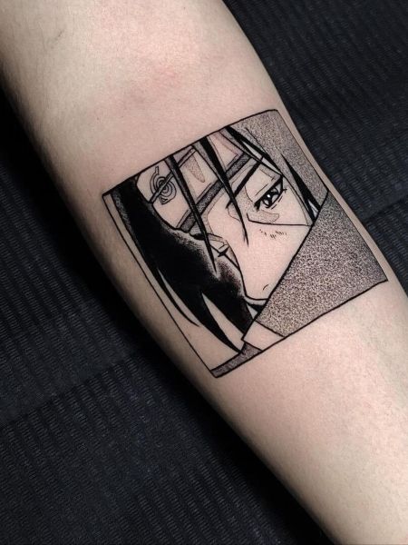 Itachi Minimalist Tattoo, Naruto Panel Tattoo, Itachi Uchiha Tattoo Ideas, Itachi Uchiha Tattoo Design, Anime Panel Tattoo, Itachi Tattoo Ideas, Itachi Tattoos, Manga Panel Tattoos, Itachi Tattoo Design