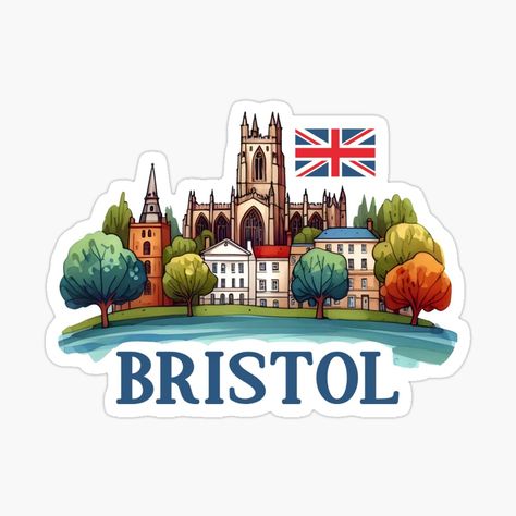 Get my art printed on awesome products. Support me at Redbubble #RBandME: https://www.redbubble.com/i/sticker/Bristol-England-UK-by-WanderlustCoCo/162886579.EJUG5?asc=u Skyline Landscape, English City, City Of Bristol, Bristol England, Bristol City, Simple Illustration, Sticker Cute, City Design, England Uk