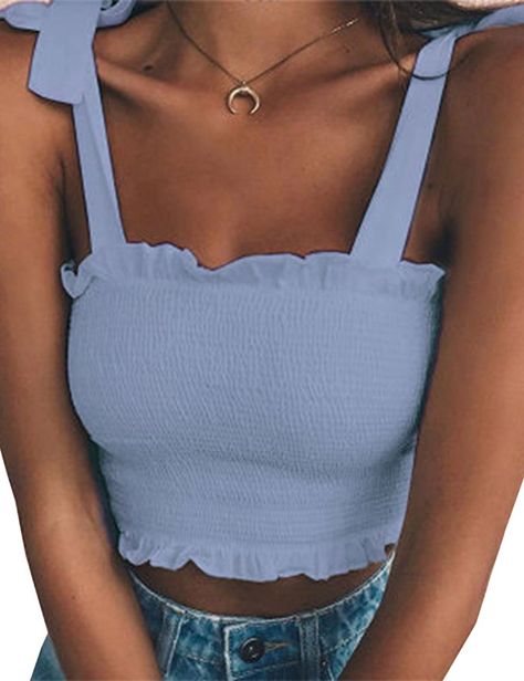 KAMISSY Women's Frill Smocked Crop Tank Top Tie Shoulder Strap Vest (Large, Light Blue) Bow Straps, Summer Plaid, Women Gathering, 90's Fashion, Women's Outfits, Tank Top Straps, Outfit Trends, Crop Top Outfits, Business Outfit