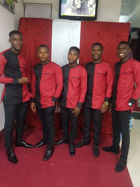 Red and black African men outfit design. Ushers for weddings Red And Black Top, Eyebrow Makeup Tips, Outfit Design, Inspo Board, African Men, African Wear, Eyebrow Makeup, Red And Black, African Fashion