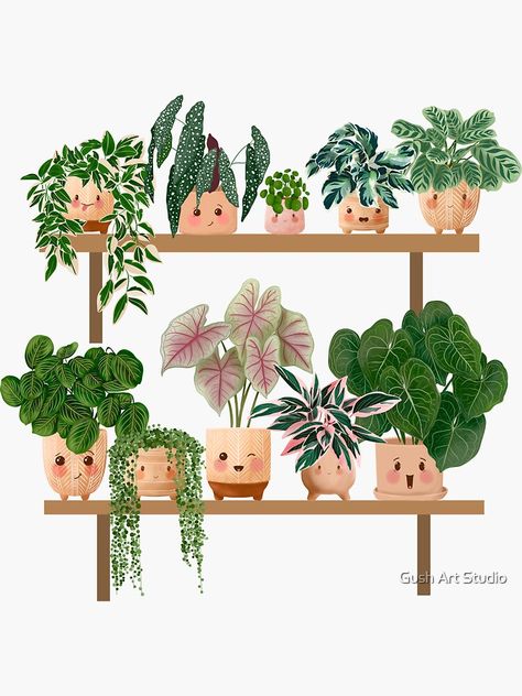 Plants On A Shelf, Illustration Cute, Cute Poster, Plant Illustration, Home Decor Paintings, Painted Pots, Living Room Pictures, Plant Lady, Types Of Flowers