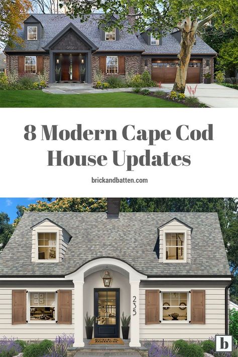 Looking to visualize modern Cape Cod house updates for your exterior? Well then you're in luck, because we've rounded up some of our favorite Cape Cods we’ve designed over the years in this list. It includes before & afters featuring both minor refinements and massive changes. Something for everyone! #brickandbatten #capecodhome #capecodstyle #capecodhomes #capecodhouse Modern Cape Cod House, Cape Cod Siding, Cape House Exterior, Cape Cod House Interior, Modern Cape Cod, Cape Cod Renovation, House Exterior Before And After, Cape Cod Exterior, Cape Cod House Exterior