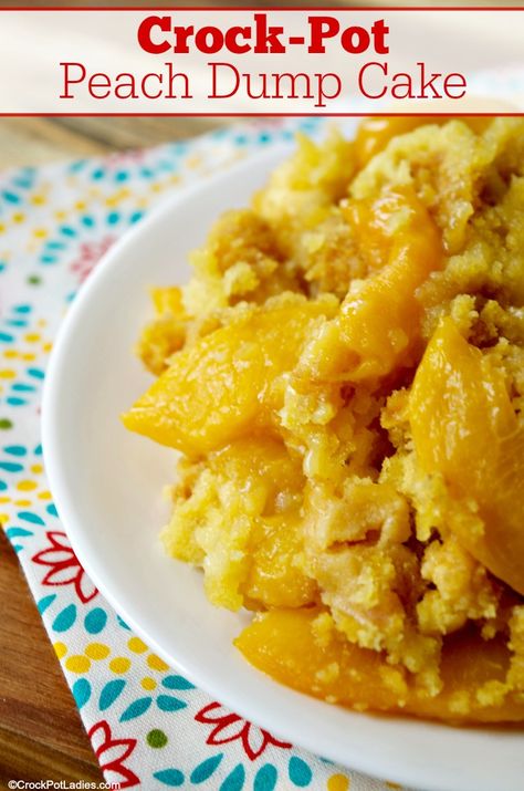 Crock-Pot Peach Dump Cake - With just three ingredients this recipe for Crock-Pot Peach Dump Cake is so easy to toss together for a sweet yummy dessert in no time flat. [Vegetarian] #CrockPotLadies #CrockPot #SlowCooker #Dessert Crock Pot Peach Dump Cake, Peach Dump Cake Crockpot, Dump Cake In Crock Pot, Cake In Crock Pot, Slowcooker Dessert, Crockpot Cakes, Dump Cake Crockpot, Crockpot Peach Cobbler, Crockpot Cake