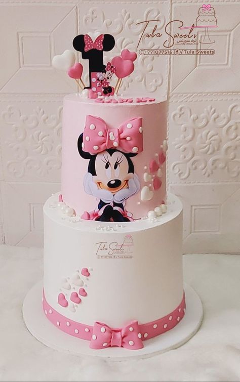 Minnie Mouse Cake Two Tier, Minnie Mouse Cake 2 Tier, Minnie Mouse Birthday Cake Ideas, Minnie Mouse Cake Design, 1st Birthday Cake Designs, Baby 1st Birthday Cake, Cake Designs For Girl, Friends Birthday Cake, Minnie Mouse First Birthday