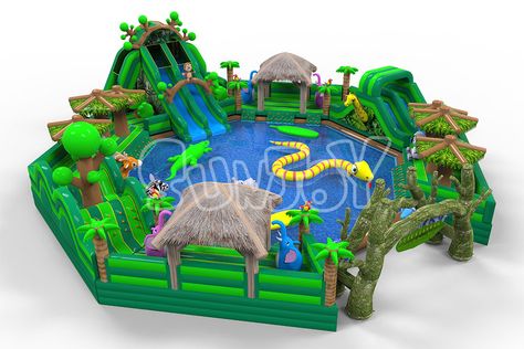 Large green Amazon Jungle Water Park on land for children. more new design inflatable water playgrounds on sale. Size: 24.5x22m. Water Slides Backyard, Water Park Ideas, Backyard Water Parks, Outdoor Party Games, Inflatable Water Park, Best Christmas Toys, Indoor Kids, Kids Indoor Playground, Water Playground