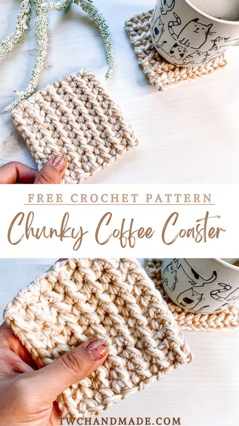 Easy Chunky Coffee Coaster - Tender Warm Creations Crochet Coffee Coasters Free Pattern, Beginner Crochet Coaster, Crochet Coasters Chunky, Chunky Crochet Coaster, Small Chunky Crochet Projects, Knitted Coasters Pattern, Macrame Coffee Coaster, Square Coaster Crochet Pattern Free, Chunky Yarn Coaster