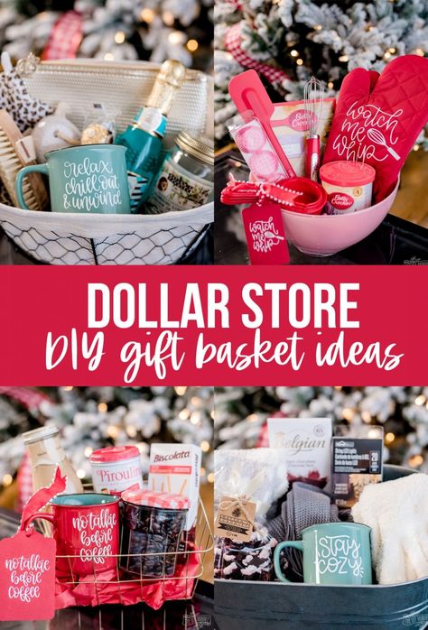 DIY Dollar Store Gift Basket Ideas with personalized details! | The DIY Mommy Dollar Store Gift Basket Ideas, Diy Gift Basket Ideas, Baking Gift Basket, Relaxation Gift Basket, Diy Gift Basket, Dollar Store Gifts, Dollar Tree Gifts, Girly Christmas Gifts, Coffee Gift Basket