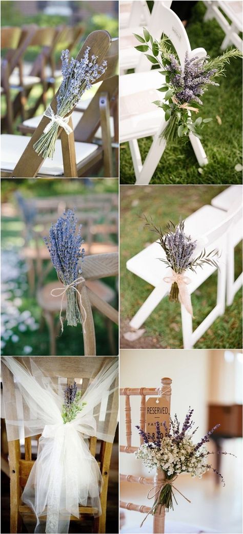 lavender and greenery wedding chair decoration ideas Wedding Aisle Chair Decorations, Lavender Wedding Centerpieces, Lavender Wedding Ideas, Dyi Wedding, Beach Wedding Centerpieces, Wedding Colors Purple, Garden Theme Wedding, Wedding Chair Decorations, Reception Centerpieces