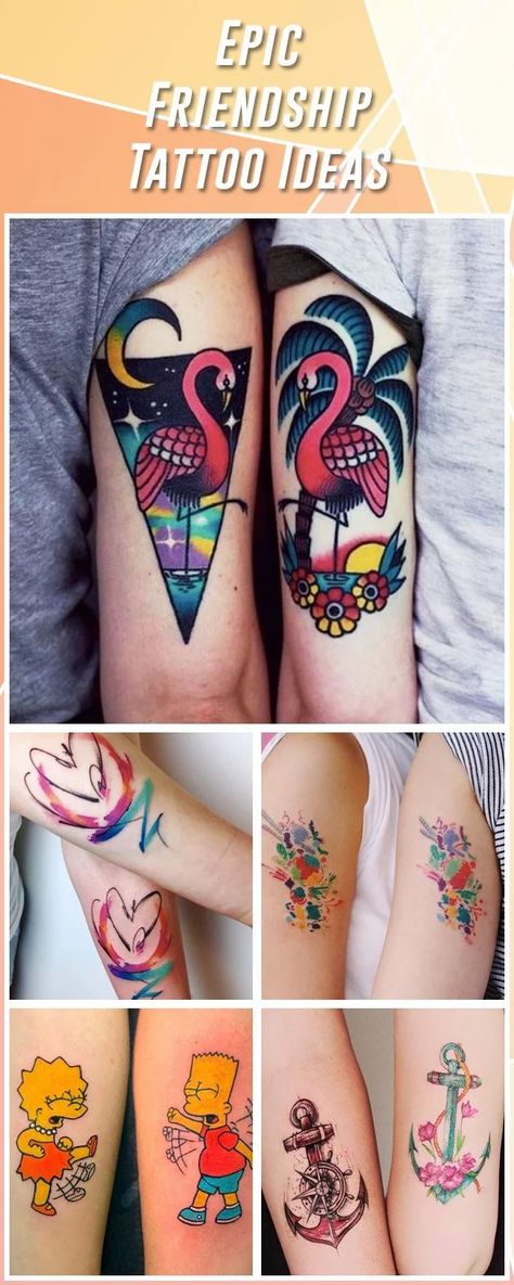 60 Imaginative Ideas for the Best Friendship Tattoos Perfect for Innovators Matching Cactus Tattoos For Best Friends, Best Friend Tattoos Color, Colorful Matching Tattoos, Fun Best Friend Tattoos, 2 Best Friend Tattoos, Small Colorful Tattoos For Women, Opposite Tattoos, Unique Friendship Tattoos, Bestie Tattoos Unique