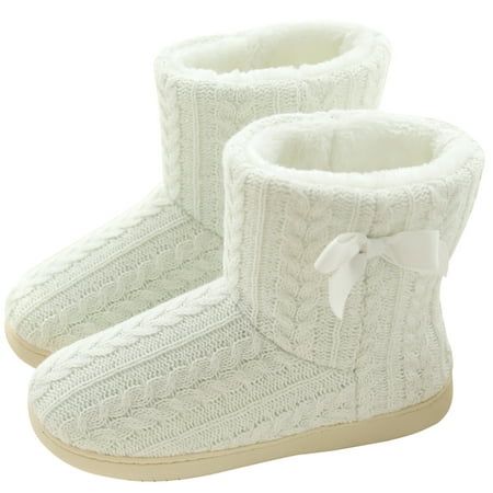 Highlighted with colorful pom pom or bow-tie accents and a cozy plush trim, this slipper boot is enhanced with cozy Comfort memory foam midsole and durable, thick rubber sole. Fashioned with knit fabric, this slip-on bootie slipper features plush lining for superior warmth. Plush lining and memory foam footbed wraps your feet in ultimate comfort all day long. Durable indoor/outdoor hard sole offers traction and incorporates forefoot flex grooves for comfort. This slipper boot is suitable for both indoor and outdoor wear. So cute and fluffy, this Bootie Slipper can become your favorite pair with your outfits. Size: 8-8.5.  Color: White.  Gender: female.  Age Group: adult. Indoor Outdoor Slippers, Padded Shorts, High Top Boots, Soft Slippers, Outdoor Slippers, Snow Boots Women, House Shoes, Belarus, Slipper Boots