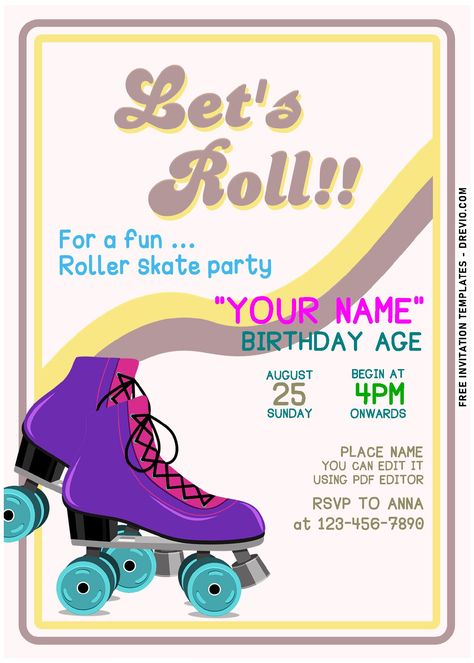 Awesome (Free Editable PDF) Let's Roll Roller Skating Birthday Invitation Templates Let’s pretty your party Anyone of you would consider taking up roller skating if you were wanting to pick up a new hobby this summer. Start scrolling on your TikTok app and right after opening i... Rolling Into 6 Birthday, Roller Skate Printable Free, Roller Skate Invitations Free Printable, Roller Skating Party Invitations Free Printable, Roller Disco Party Invitation, Roller Skating Invitations, Free Roller Skating Party Invitations, Roller Skating Birthday Party Invitations, Roller Skate Invitations