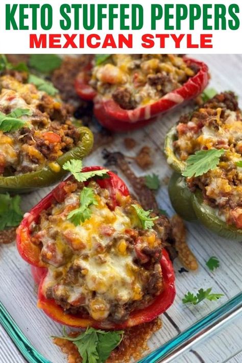 Keto Recipes Mexican, Keto Stuffed Peppers Recipe, Keto Stuffed Peppers Beef, Optavia Stuffed Peppers, Low Calorie Stuffed Peppers, Beef Cauliflower Rice, Ground Beef Cauliflower, Stuffed Peppers Keto, Keto Mexican Recipes