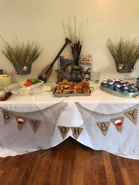 Fishing Baby Shower Centerpieces, Baby Shower Ideas Fishing Theme, Diy Fishing Birthday Decorations, Fishing Theme Decorating Ideas, A Little Fisherman Is On The Way, Baby Boy Fishing Shower Ideas, Baby Boy Shower Fishing Theme, Fly Fishing Baby Shower Theme, Reel Excited Baby Shower Ideas