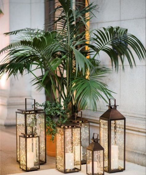 Palm Tree Wedding Decor, Fire Lanterns, Tropical Reception, Jungle Disco, Cocktail Party Decor, Palm Tree Decorations, Palm Wedding, Tiny Fairy, Beautiful Outdoor Wedding