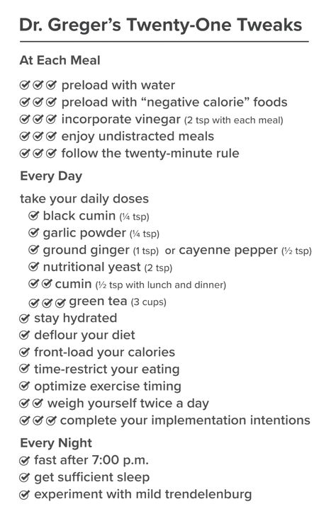 Twenty-One tweaks for weight loss. Dr Greger How Not To Diet Recipes, Dr Greger Daily Dozen Meal Plan, Gerson Therapy Recipes, Daily Dozen Recipes, G Plan Diet Dr Goglia Meal Plan, Heath Recipes, Gerson Recipes, Dr Mcdougall Diet, Gerson Diet