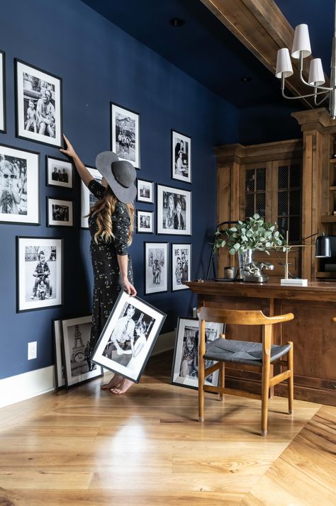 Hallway Gallery, Family Gallery Wall, Diy Gallery Wall, Dark Blue Walls, Navy Walls, Navy Blue Walls, Family Photo Wall, Coastal Interiors Design, Photo Wall Gallery