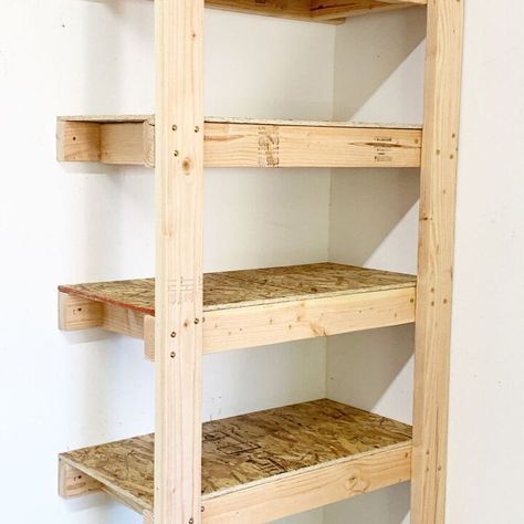 We have been in need of some shelves in our garage for some time. We had the black plastic ones, but after a while they started to bend and couldn't handle the weight of our items. So my husband got to work to build some more permanent wood shelving. Wooden Garage Shelves, Wood Self, Shed Shelving, Repurpose Projects, Garage Storage Inspiration, Diy Storage Shelves, Garage Shelves, Wood Shelving, Cleaning Wood Floors