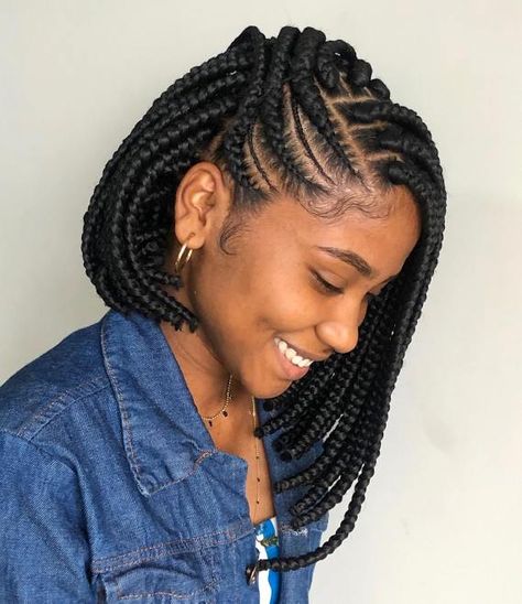 Creative Asymmetrical Black Braided Bob Bob Braids Hairstyles, Tight Braids, Short Box Braids Hairstyles, Big Braids, Short Box Braids, Single Braids, Bob Braids, Braided Cornrow Hairstyles, Girls Braids