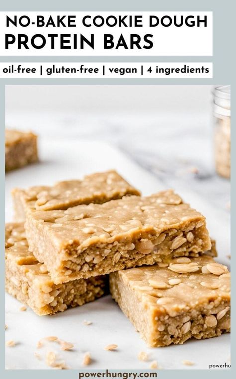 4 ingredient vegan no-bake cookie dough protein bars are super-easy, high-protein, gluten-free, oil-free, inexpensive and delicious! #proteinbars #vegan #veganprotein #vegansnack #wfpb #glutenfree #oats #veganbars #plantbased #plantbasedprotein #proteinpowder #proteinpowderrecipe Sugar Free Protein Bars, Protein Bar Recipe Healthy, Dairy Free Protein Bars, Cookie Dough Protein Bars, Vegan No Bake Cookies, No Bake Protein Bars, Gluten Free Protein Bars, Cookie Dough Protein, Healthy Protein Bars