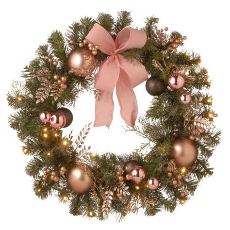 Rose Gold Christmas Decorations, Christmas Wreath Decor, Tree Inspiration, Battery Operated Led Lights, Artificial Christmas Wreaths, Rose Gold Christmas, Turkey Trot, Warm White Led Lights, Glam Christmas