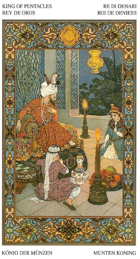 King of Pentacles - Card from Tarot of the Thousand and One Nights Deck Jamaican Art, Thousand And One Nights, Pentacles Tarot, 78 Tarot Cards, Illustration Story, Tarot Card Meanings, Tarot Art, Arabic Art, Arabian Nights