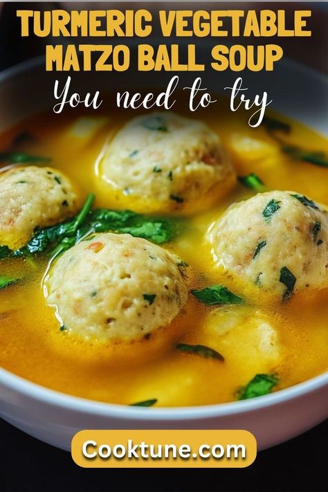 A comforting and aromatic soup featuring fluffy matzo balls infused with turmeric, paired with a medley of vegetables for a wholesome dish. Matzo Ball Soup Recipe, Matzo Balls, Matzo Ball, Matzo Ball Soup, Matzo Meal, Matzoh Ball, Vegetable Soup Recipes, Soup Pot, Vegetable Soup