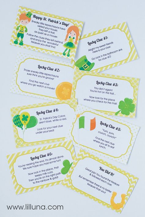 St. Patrick's Day Treasure Hunt Present Scavenger Hunt Clues, Leprechaun Hunt, St Patrick's Day Printables, Treasure Hunt Clues, Escape Room Puzzles, Scavenger Hunt Clues, St Patricks Day Crafts For Kids, St Patrick Day Activities, Saint Patties