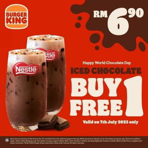 Burger King Malaysia World Chocolate Day Buy 1 FREE 1 Iced Chocolate Promotion on 7 July 2023 Buy 1 Get 1 Free Creative Ads, Party Design Graphic, Iced Chocolate, World Chocolate Day, Buy 1 Free 1, Chocolate Day, Buy 1 Get 1 Free, Food Poster, Creative Ads