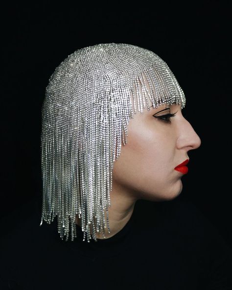 Side profile of a woman wearing a clear crystal wig made of layered rhinestone fringe Bumpy Nose, Showgirl Headpiece, Rhinestone Cups, Rhinestone Fringe, Textile Designer, Self Conscious, Crystal Chain, Artist Style, Crazy Hair