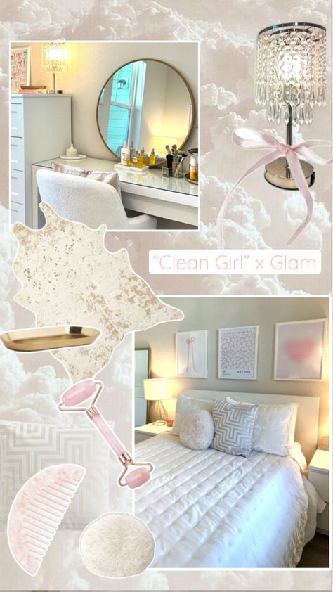 “Clean girl” aesthetic bedroom decor with luxe textures, shimmering accents, and gold. Small Dorm Room, Small Dorm, Glam Bedroom, Casa Vintage, Study Room Decor, Bedroom Style, Dream Room Inspiration, Room Makeover Bedroom, Room Essentials