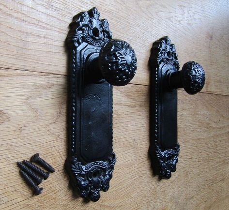 Pair of ornate wall hooks c/w screws These ornate wall hooks give the look of a door knob & are ideal to have in an entrance hallway or perhaps on the back of the door to hang coats etc. size  180mm X 55mm Cast iron Black antique finish Gothic Door Handles, Gothic Door Knob, Goth Bedroom Victorian, Victorian Gothic Kitchen Ideas, Gothic Doorknob, Victorian Gothic Decor Bedroom, Gothic Bedroom Ideas Victorian, Romantic Goth Bedroom, Victorian Gothic Bedroom