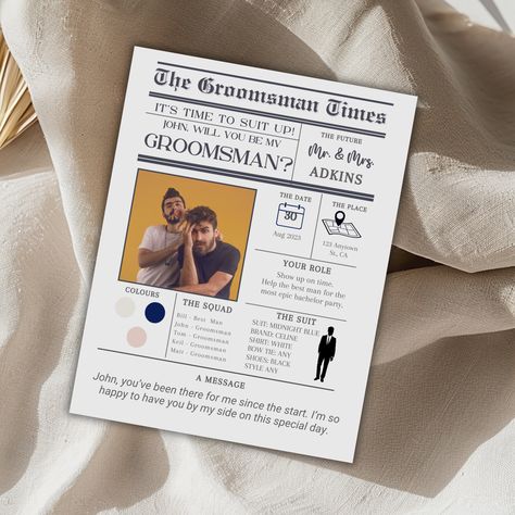 Unique Wedding Newspaper Proposal for Groomsman and Bridesmaids, Info card Bundle Template for Best Man, Will you be my Groomsman Printable by AnnsociableDesign on Etsy Diy Wedding Newspaper, Be My Groomsman Card, Guest Book Signage, Unique Wedding Keepsakes, Wedding Newspaper Template, Wedding Planning Templates, Wedding Memory Book, Modern Wedding Program, Groomsman Card