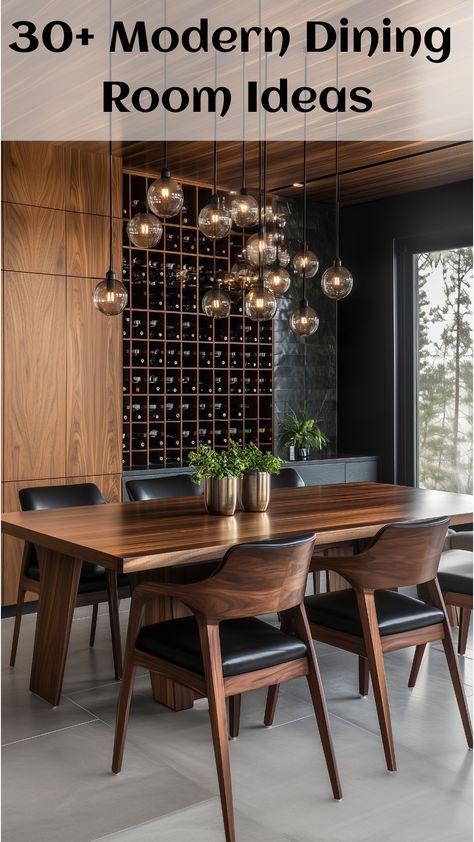 An industrial-style dining room featuring a chandelier with exposed bulbs and a combination of wood and metal furniture. The space showcases natural wood textures paired with black metal accents, creating an edgy yet inviting atmosphere ideal for gatherings. Masculine Dining Room Decor, Masculine Dining Room, Modern Rustic Dining Room, Modern Industrial Dining Room, Appartment Decor Ideas, Modern Dining Room Chandelier, Wood And Metal Furniture, Black Metal Accents, Modern Dining Room Ideas