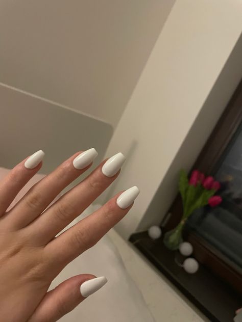 White long nails White Short Ballerina Nails, Cute White Long Nails, Gel Nails Ballerina Short, Trendy Nails Ballerina Short, Nails For Hoco White, Plane White Nails, Fully White Nails, White Acrilyc Nails, Balarina Nails Medium