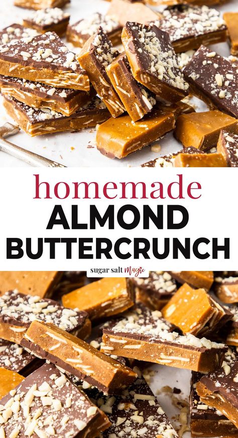 This Homemade Almond Roca recipe is just 6 ingredients cooked and combined to make a crunchy toffee filled with almonds and topped with chocolate. Also known as buttercrunch toffee or almond buttercrunch, this candy is easy to make and a great edible gift. Learn how to make this crunchy, crumbly, buttery and sweet treat for yourself or for holiday gift giving with all the tips and tricks you need for candy making. Things To Make With Almonds, Almond Roca Recipe Easy, Edible Gift Recipes, Homemade Almond Roca Recipe, Almond Roca Recipe, Roca Recipe, Toffee Fudge, Buttercrunch Toffee, Toffee Bark