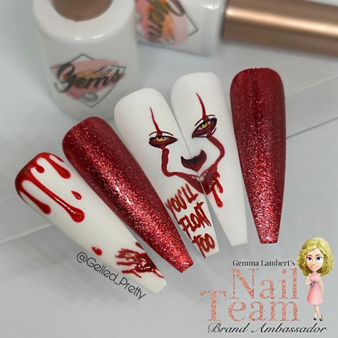 Penny Wise Nail Art, Penny Wise Nails, Ongles Halloween, Character Nails, Deco Halloween, Scary Characters, Nail Drawing, Nail Design Inspiration, Acrylic Nails Coffin Short