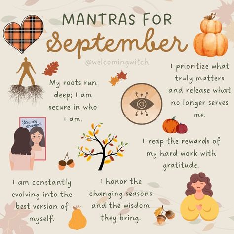 September, influenced by the energies of Virgo and the early stages of Libra, is a time of transition, balance, and grounding. . . . . . . . . . #witchlife #witchesofinstagram #moonmagick #witch #witchcraft #pagan #spiritual #Spirituality #witchytips #witchyaesthetic #babywitch #modernwitch #greenwitch #magickaltools #beginnerwitch #magickalsupplies #witchy #witchtok #witchyvibes #halloween #pagansofinstagram #witchessociety #witchesofig #welcomingwitch #September #mantras September Witchcraft, Libra Witch, Fall Witch, Modern Day Witch, Witch Tips, Witchy Aesthetic, Earthy Style, Baby Witch, Modern Witch