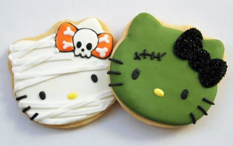 Halloween hello kitty cookies Cookies For Halloween, Kitty Cookies, Galletas Halloween, Cookies Photo, Halloween Hello Kitty, Kawaii Cookies, Hello Kitty Cookies, Halloween Cookies Decorated, Halloween Sugar Cookies