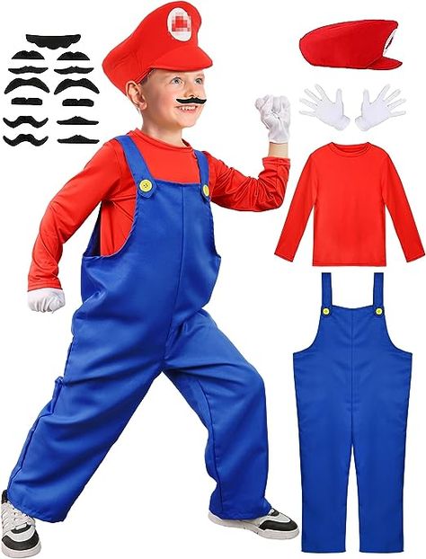 Vermeyen Super Brothers Costume for Kids/Adults Plumber Outfit with Hat Mustache Gloves Accessory Halloween Cosplay Costume Mario Brothers Costumes, Altering Pants, Realistic Costumes, Outfit With Hat, Luigi Costume, Mario Costume, Costume For Kids, Boy Fits, Cute Costumes