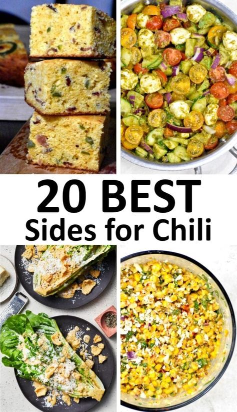 What to serve with chili - the 20 best sides for chili. Side Dishes For Chili Party, Side Dishes For Chili, Chili Side Dishes, Chili Sides, Chili Dinner, Pesto Dressing, Chili And Cornbread, Salads To Go, Caesar Salad Recipe