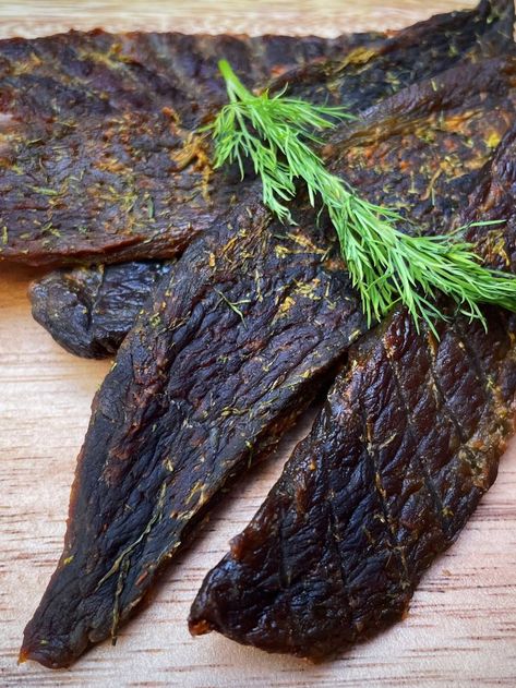 A perfect balance of sour, tartness and spice, this beef jerky is perfect as a snack, or meal on-the-go, for any adventure. Homemade Beef Jerky, Homemade Jerky, Beef Jerky Recipes, Mustard Pickles, Jerky Recipes, Paleo Beef, Meat Snacks, Venison Recipes, Homemade Sausage