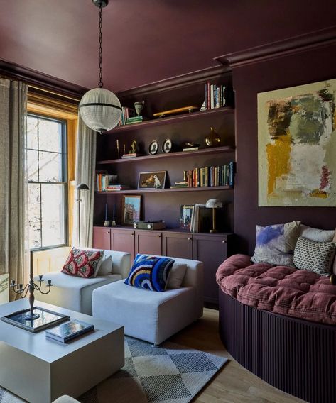 Plum Living Room, Purple Paint Colors, Purple Living Room, Purple Interior, Living Room Orange, Interior Design Advice, Dark Walls, Purple Walls, Spare Room