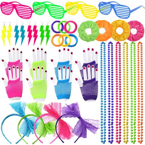 PRICES MAY VARY. 30% Plastic Imported ★【Complete Retro 80s Costumes Outfits Accessories】- Our 80s 90s party favors includes 4 pairs of earrings in various colors, 60 jelly neon 80s bracelets. Includes 20 of each of the 6 colors, 4 pairs of plastic shutter glasses, 6pcs neon necklace, 4pcs neon headband, 4 pair fingerless fishnet gloves, 4pcs neon scrunchies for hair 80s. The classic neon fluorescent glasses, bracelets, necklaces, and earrings from the 1980s make you a unique accessory for vintag 80s Bracelets, 90s Party Favors, 90s Birthday Party, 80s 90s Party, Shutter Glasses, 80s Costumes, 90s Party Decorations, 80s Halloween Costumes, Neon 80s