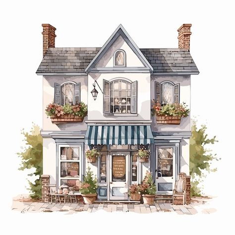 Cute Bakery Exterior Bloxburg, Stardew Furniture, Bakery Exterior, Watercolor Building, Sims 4 Cottage, Town Design, Cute Bakery, House Decorating Ideas Apartments, Watercolor Projects