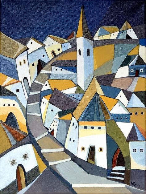 The street with many stairs - Aniko Hencz art Aniko Hencz, Canva Images, Stair Art, Abstract Cityscape, Cubist Art, Conceptual Painting, Cubism Art, Painted Stairs, Paintings Prints