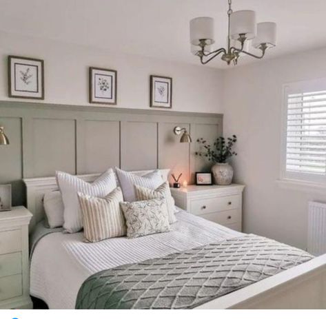 Bedroom Decor With Paneling, Main Bedroom Neutral Colours, New Build Flat Decor, Simple Panelling Bedroom, Bedroom Inspirations With Panelling, Master Bedrooms Decor Panelling, Bedroom Uk Ideas, Taupe Bedroom Panelling, Pale Bedroom Ideas